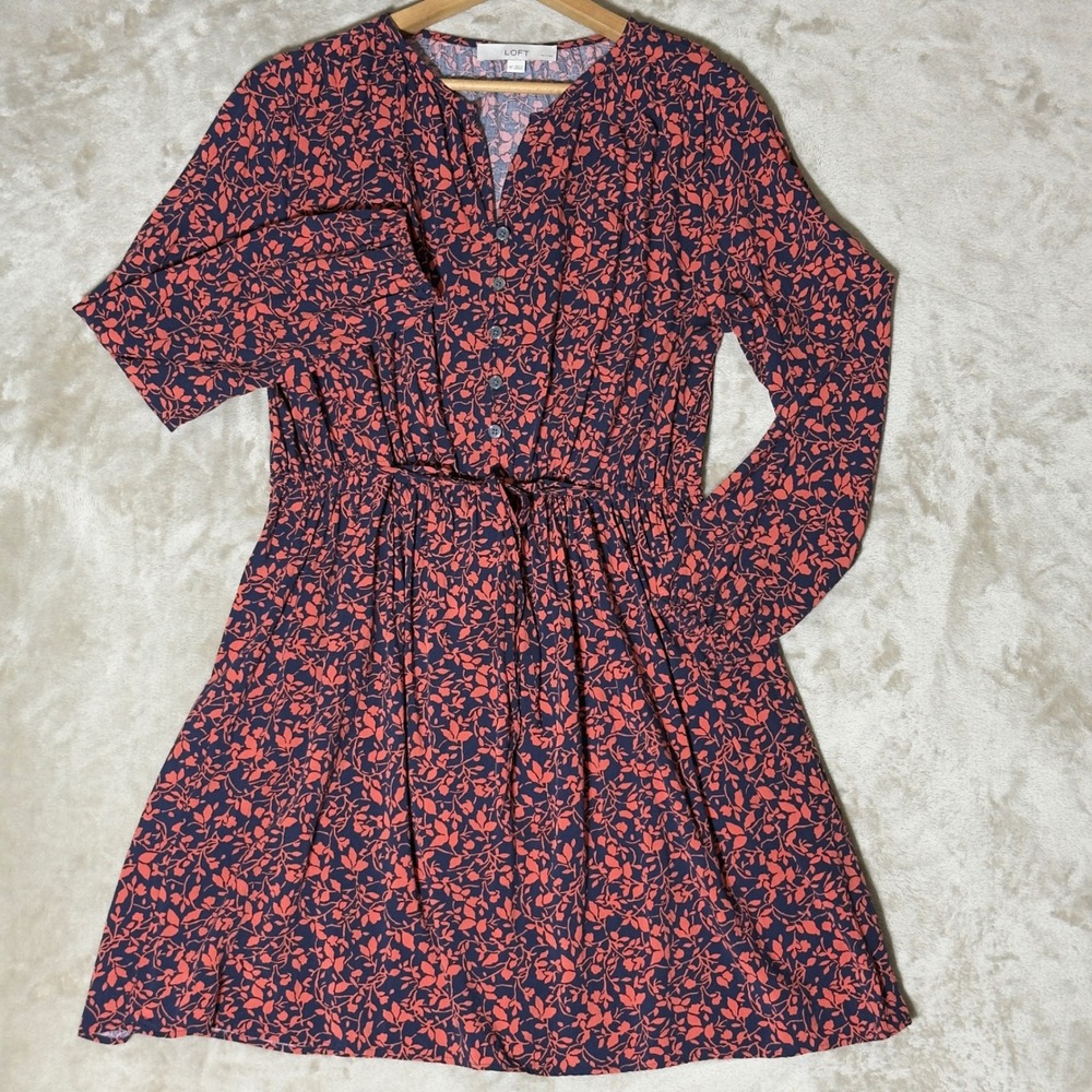 LOFT Petites Navy Blue Coral Floral Rayon Long Sleeve Shirt Dress MP